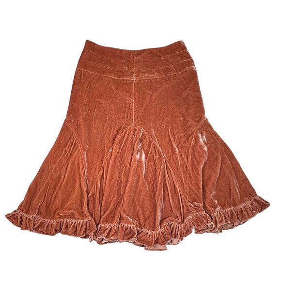 ANTHROPOLOGIE ODILLE Crushed Velvet Skirt Sz 2 Ruffle Hem Rusty Orange Boho Y2K - Picture 6 of 13
